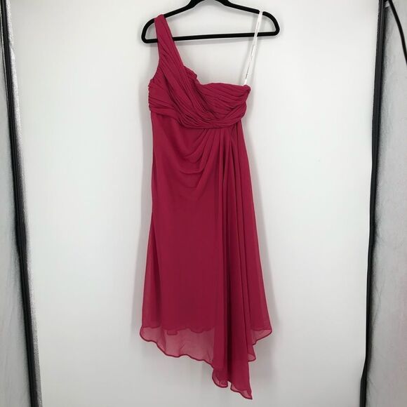 David’s‎ Bridal One Shoulder Dress Womens 8 Pink Chiffon Flowy Summer Bridesmaid - Picture 2 of 11